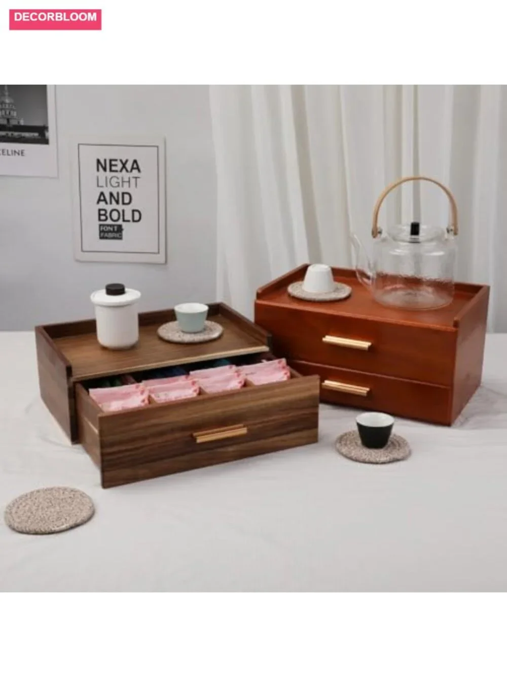 Solid Wood Tea Organizer with Drawer and 8 Compartments, Teabag Holder Storage